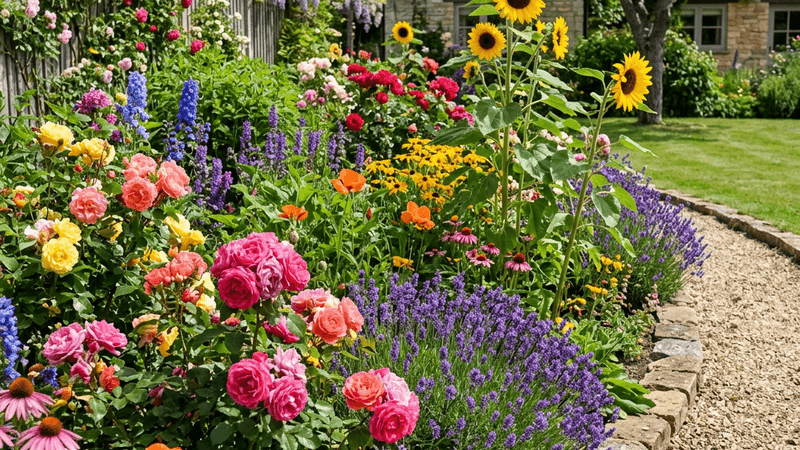 Vibrant flower bed with colorful blooms in a backyard garden